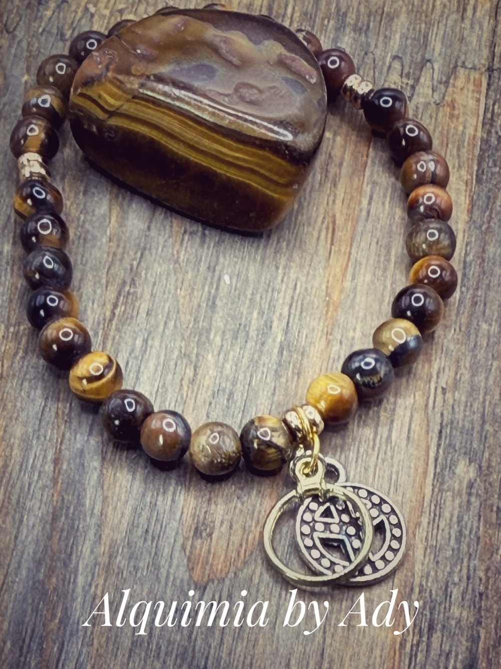 Alquimia Tiger Eye Bead Bracelet with Gold Charm - Brown